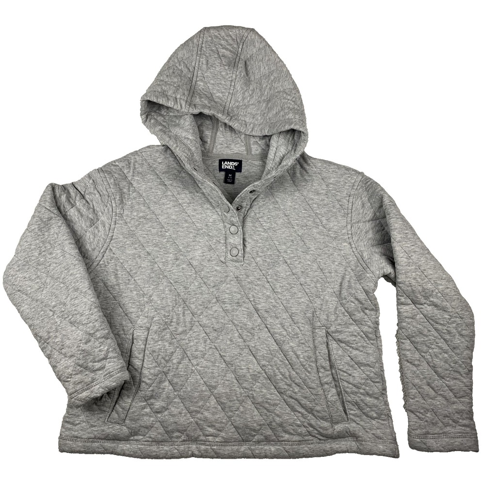 Lands' End Women’s Quilted Hoodie Pullover Sz M Gray Snap Front